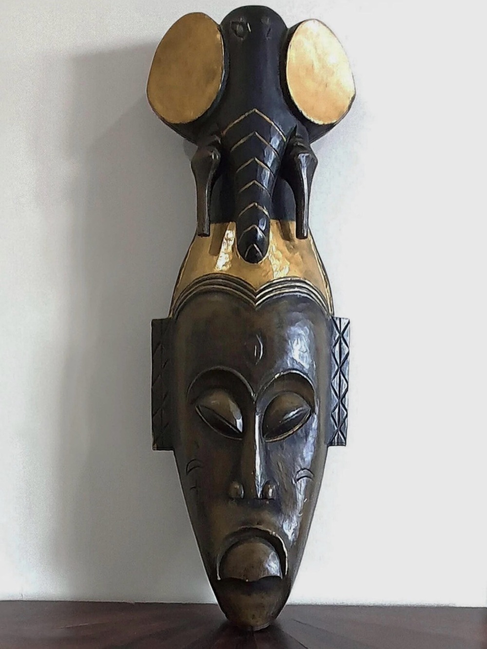 African Vintage Wooden Wall Hanging Large. Head with elephant and golden accents